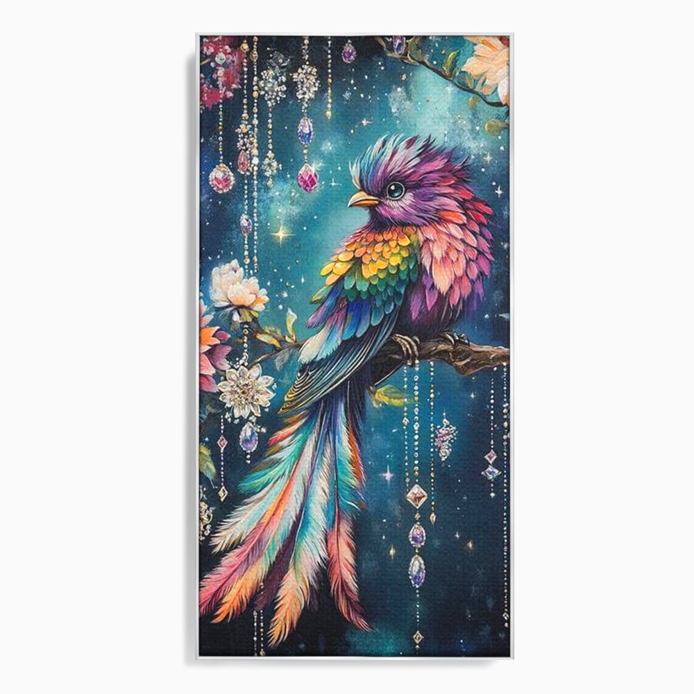 Tablou canvas cu tablou canvas cu pasare colorata si cristale, in rama de aluminiu argintiu